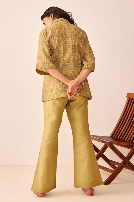 Shop The Right Cut Green Chanderi Silk Collared Neck Lydia Shirt at Aza Fashions Shop_The Right Cut_Green Chanderi Silk Collared Neck Lydia Shirt _at_Aza_Fashions