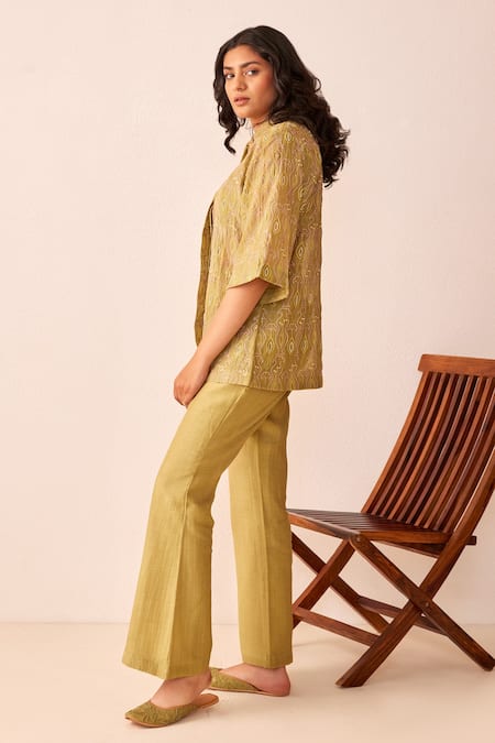 Buy The Right Cut Green Chanderi Silk Collared Neck Lydia Shirt Online at Aza Fashions Buy_The Right Cut_Green Chanderi Silk Collared Neck Lydia Shirt _Online_at_Aza_Fashions