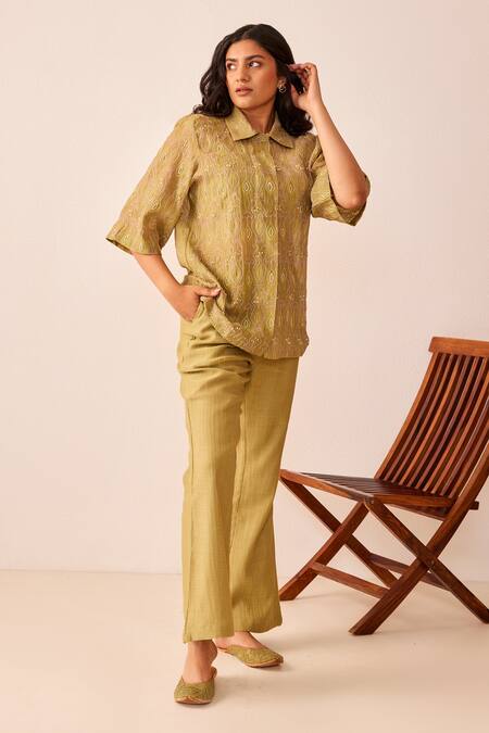 Shop The Right Cut Green Chanderi Silk Collared Neck Lydia Shirt Online at Aza Fashions Shop_The Right Cut_Green Chanderi Silk Collared Neck Lydia Shirt _Online_at_Aza_Fashions