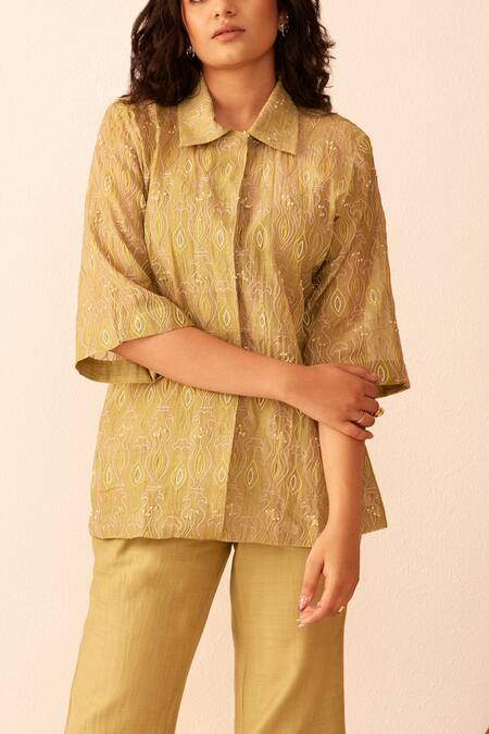 The Right Cut Green Chanderi Silk Collared Neck Lydia Shirt at Aza Fashions The Right Cut_Green Chanderi Silk Collared Neck Lydia Shirt _at_Aza_Fashions