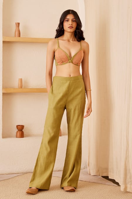 Buy_The Right Cut_Green Chanderi Silk Leaf Motifs Straight Cora Kaftan And Pant Set_Online_at_Aza_Fashions