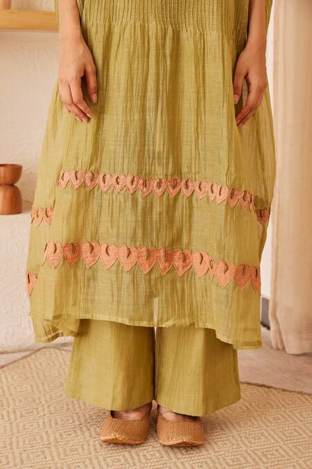 Shop_The Right Cut_Green Chanderi Silk Leaf Motifs Straight Cora Kaftan And Pant Set_Online_at_Aza_Fashions