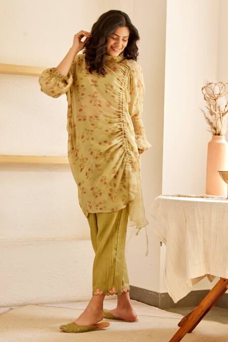 The Right Cut Green Paper Silk Printed Floral Motifs Band Collar Sage Kaftan