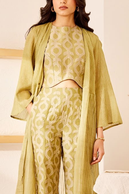 The Right Cut_Beige Chanderi Silk Open Angele Jacket_Online_at_Aza_Fashions