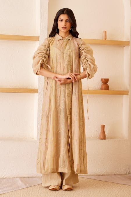 The Right Cut Beige Chanderi Silk Embroidered Abstract Motifs Collared Neck Jasmine Kurta 