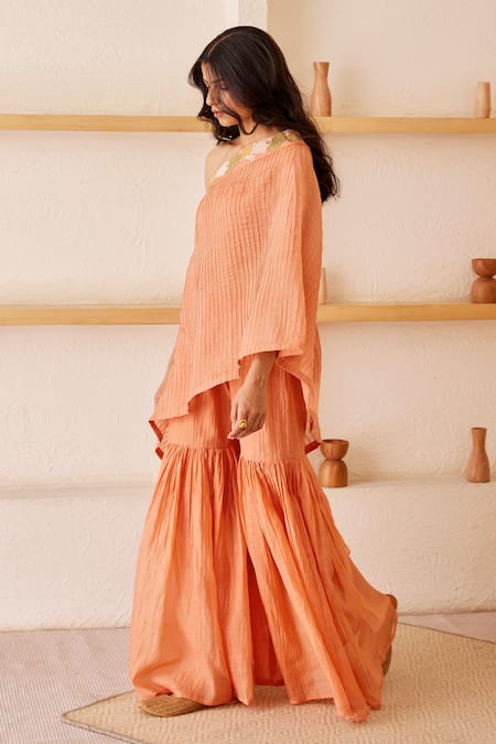 Buy_The Right Cut_Peach Chanderi Silk Applique Cape One Shoulder Oceane With Sharara Set _Online_at_Aza_Fashions