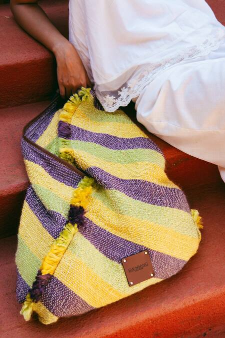 Swarang Designs_Yellow Handwoven Holiday Jhola Bag_at_Aza_Fashions
