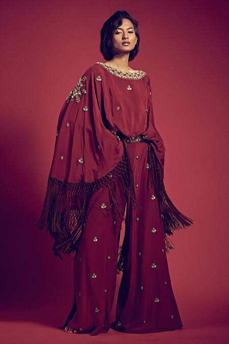 Surily G_Maroon Crepe Embellished Shells Boat Butterfly Back Jumpsuit  _Online_at_Aza_Fashions