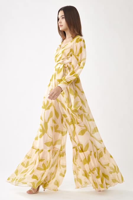 Buy_Koai_Peach Chiffon Floral Print V Neck Wrap Jumpsuit _Online_at_Aza_Fashions