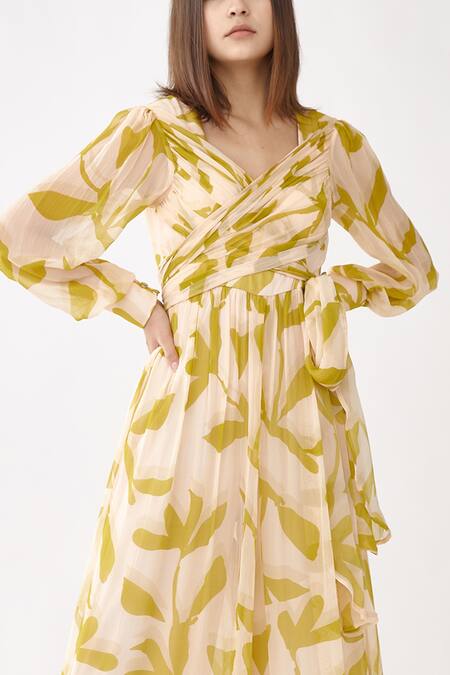 Shop_Koai_Peach Chiffon Floral Print V Neck Wrap Jumpsuit _Online_at_Aza_Fashions