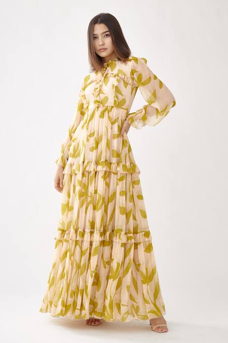 Koai_Peach Chiffon Floral Print Round Tiered Dress_Online_at_Aza_Fashions