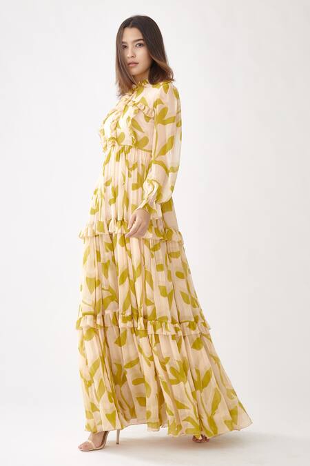 Buy_Koai_Peach Chiffon Floral Print Round Tiered Dress_Online_at_Aza_Fashions