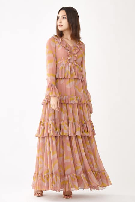 Koai_Pink Chiffon Floral Print V Neck Tiered Dress _Online_at_Aza_Fashions