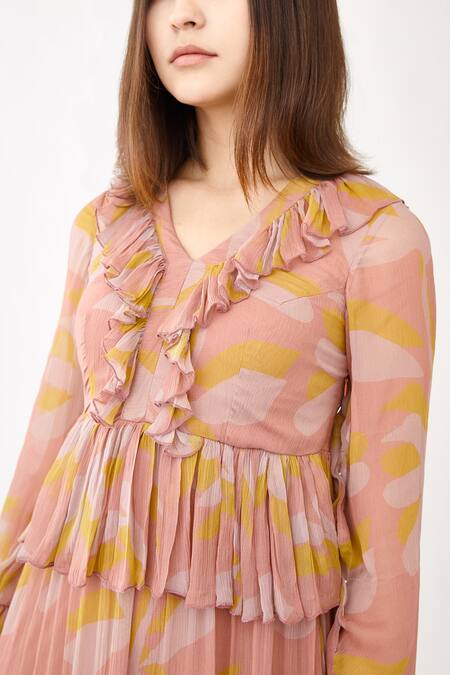 Buy_Koai_Pink Chiffon Floral Print V Neck Tiered Dress _Online_at_Aza_Fashions