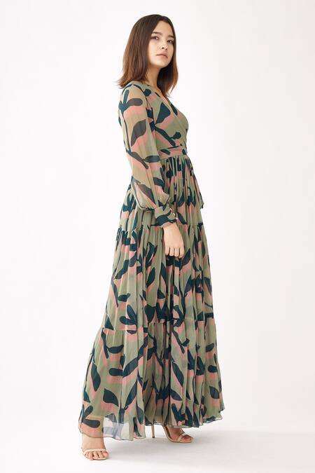 Koai Pink Georgette Floral Print V Neck Wrap Dress Online at Aza Fashions Koai_Pink Georgette Floral Print V Neck Wrap Dress _Online_at_Aza_Fashions