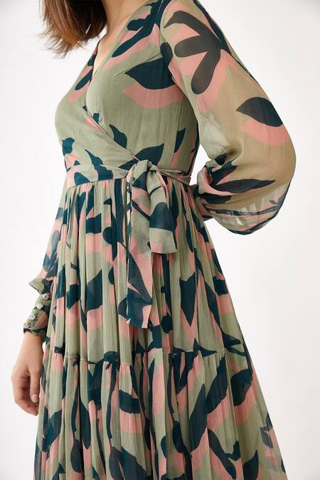 Shop Koai Pink Georgette Floral Print V Neck Wrap Dress Online at Aza Fashions Shop_Koai_Pink Georgette Floral Print V Neck Wrap Dress _Online_at_Aza_Fashions