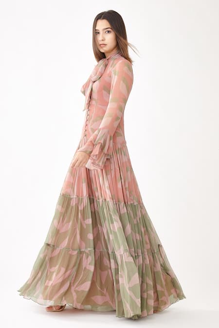 Koai_Pink Chiffon Floral Print Bow Tiered Dress _Online_at_Aza_Fashions