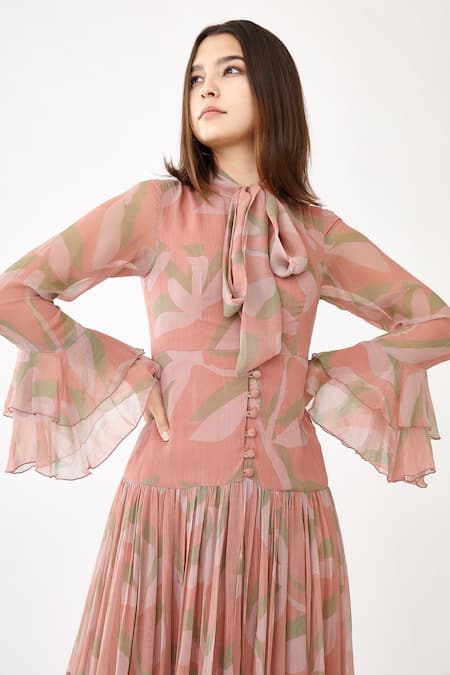 Buy_Koai_Pink Chiffon Floral Print Bow Tiered Dress _Online_at_Aza_Fashions