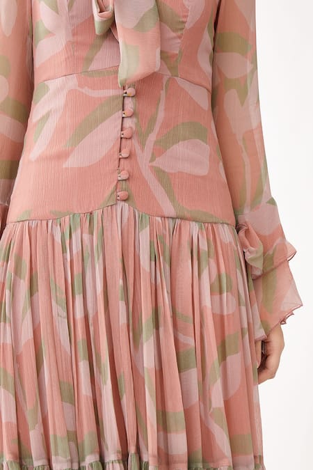 Shop_Koai_Pink Chiffon Floral Print Bow Tiered Dress _Online_at_Aza_Fashions