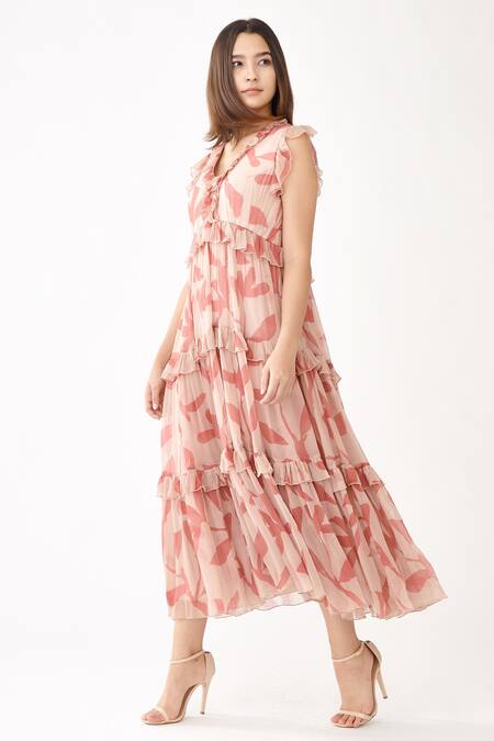 Koai Pink Chiffon Floral Print V Neck Midi Dress Online at Aza Fashions Koai_Pink Chiffon Floral Print V Neck Midi Dress _Online_at_Aza_Fashions