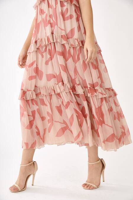 Shop Koai Pink Chiffon Floral Print V Neck Midi Dress Online at Aza Fashions Shop_Koai_Pink Chiffon Floral Print V Neck Midi Dress _Online_at_Aza_Fashions