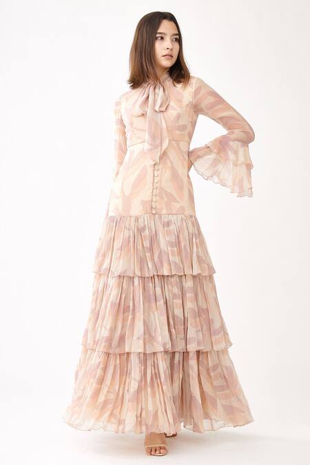 Koai_Pink Chiffon Floral Print Bow Tiered Dress _Online_at_Aza_Fashions