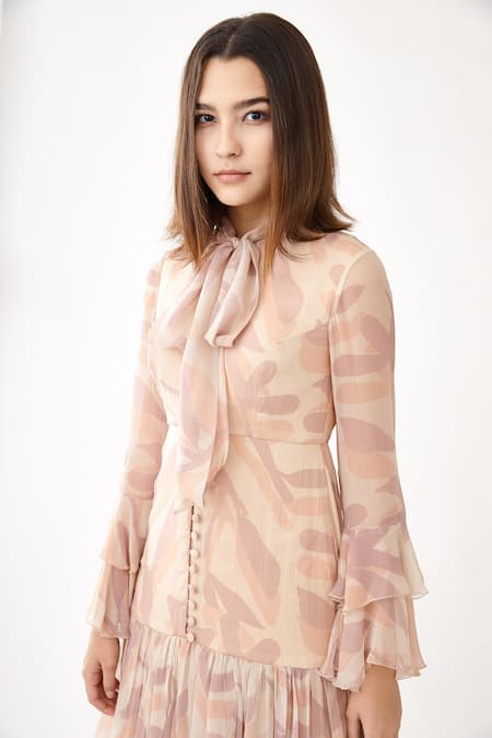 Buy_Koai_Pink Chiffon Floral Print Bow Tiered Dress _Online_at_Aza_Fashions