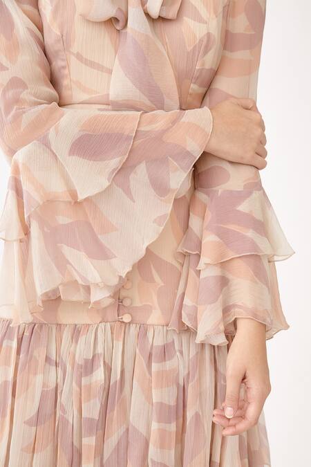 Shop_Koai_Pink Chiffon Floral Print Bow Tiered Dress _Online_at_Aza_Fashions