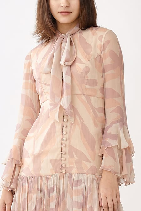 Shop Koai Pink Chiffon Floral Print Bow Short Dress Online at Aza Fashions Shop_Koai_Pink Chiffon Floral Print Bow Short Dress _Online_at_Aza_Fashions