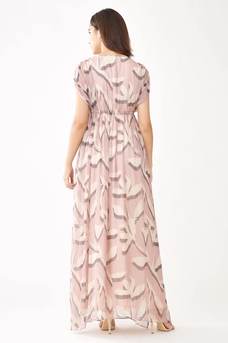 Shop_Koai_Pink Chiffon Floral Print Round Kaftan Dress _at_Aza_Fashions
