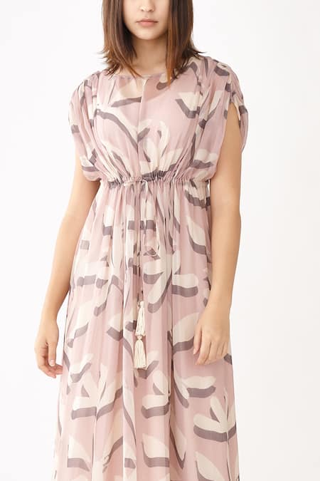 Shop_Koai_Pink Chiffon Floral Print Round Kaftan Dress _Online_at_Aza_Fashions