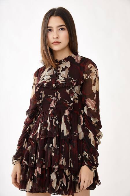 Buy Koai Brown Chiffon Floral Print Round Short Dress Online at Aza Fashions Buy_Koai_Brown Chiffon Floral Print Round Short Dress _Online_at_Aza_Fashions