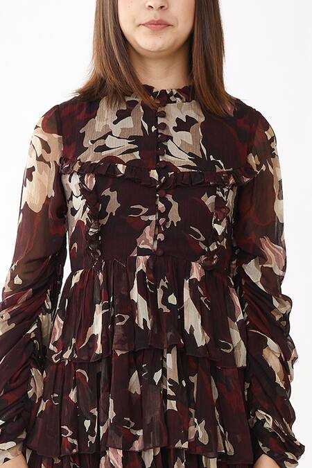 Shop Koai Brown Chiffon Floral Print Round Short Dress Online at Aza Fashions Shop_Koai_Brown Chiffon Floral Print Round Short Dress _Online_at_Aza_Fashions