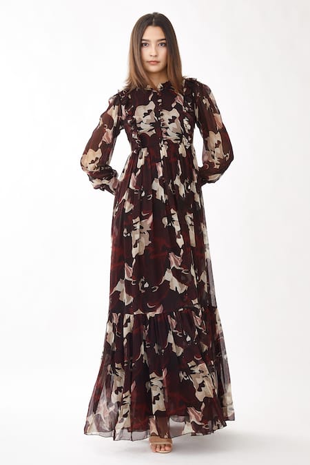 Koai Brown Chiffon Floral Print Round Tiered Dress 