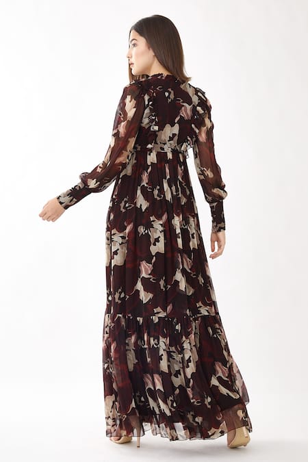 Shop_Koai_Brown Chiffon Floral Print Round Tiered Dress _at_Aza_Fashions