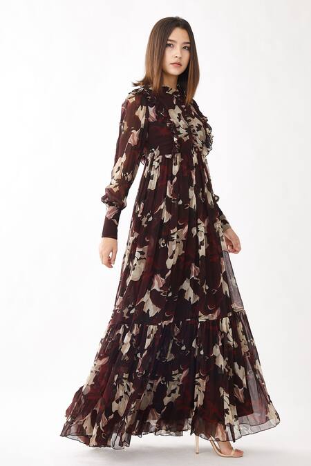 Koai_Brown Chiffon Floral Print Round Tiered Dress _Online_at_Aza_Fashions