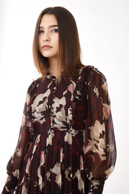 Buy_Koai_Brown Chiffon Floral Print Round Tiered Dress _Online_at_Aza_Fashions