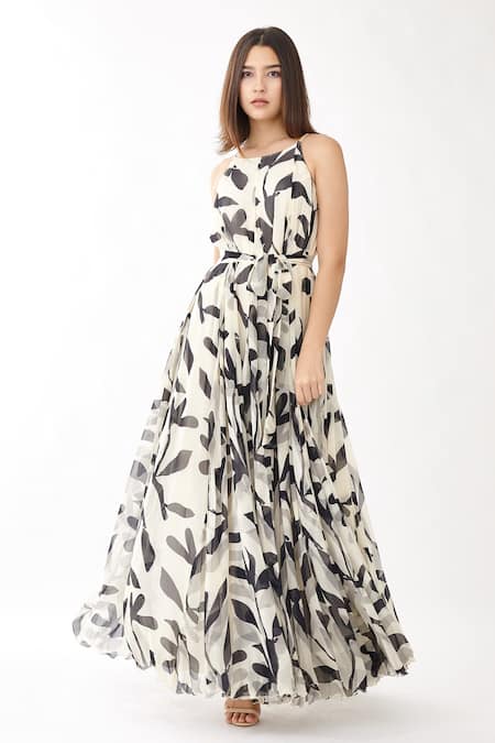 Koai_White Chiffon Floral Print Round Strappy Dress _Online_at_Aza_Fashions