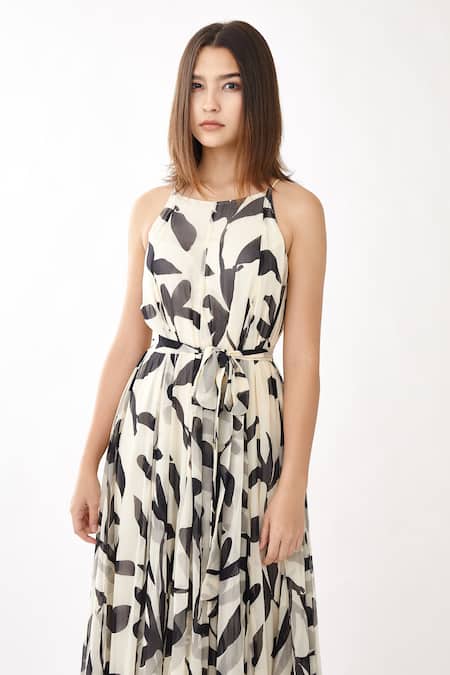 Buy_Koai_White Chiffon Floral Print Round Strappy Dress _Online_at_Aza_Fashions