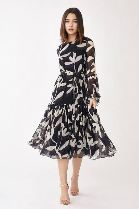 Koai White Chiffon Floral Print Round Midi Dress Online at Aza Fashions Koai_White Chiffon Floral Print Round Midi Dress _Online_at_Aza_Fashions