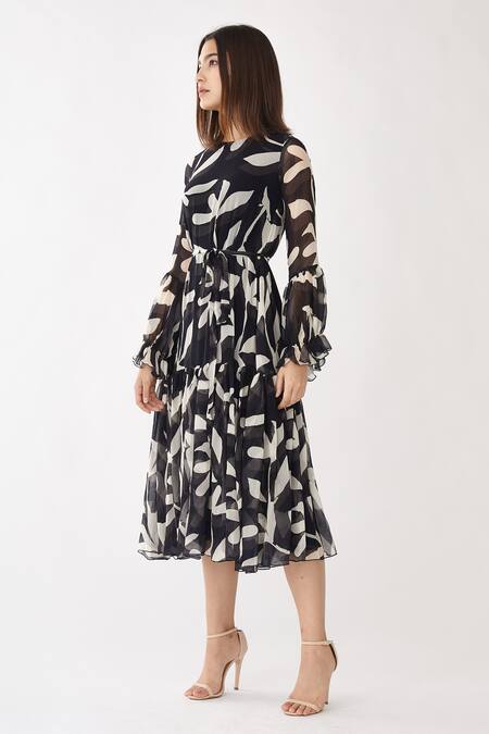 Buy Koai White Chiffon Floral Print Round Midi Dress Online at Aza Fashions Buy_Koai_White Chiffon Floral Print Round Midi Dress _Online_at_Aza_Fashions