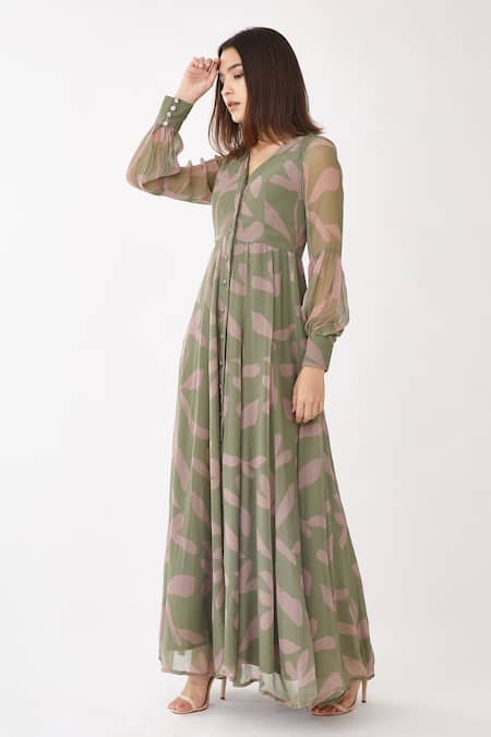 Buy Green Chiffon Floral V Neck Shirt Dress For Women by KoAi Online at Aza  Fashions.