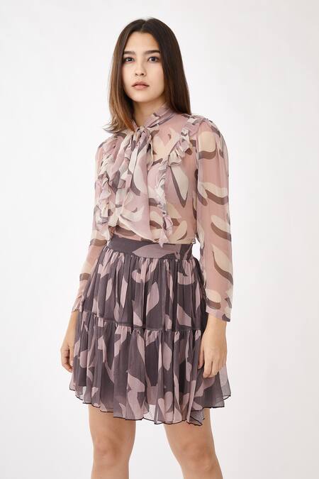 Koai Pink Chiffon Floral Print Bow Top Online at Aza Fashions Koai_Pink Chiffon Floral Print Bow Top _Online_at_Aza_Fashions