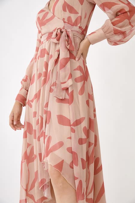 Koai Peach Chiffon Floral Print V Neck Wrap Dress Online at Aza Fashions Koai_Peach Chiffon Floral Print V Neck Wrap Dress _Online_at_Aza_Fashions
