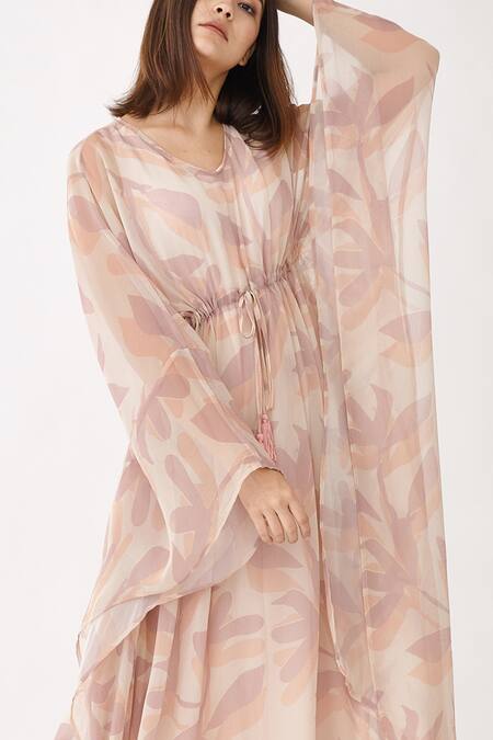 Buy Koai Pink Chiffon Floral Print V Neck Kaftan Dress Online at Aza Fashions Buy_Koai_Pink Chiffon Floral Print V Neck Kaftan Dress _Online_at_Aza_Fashions