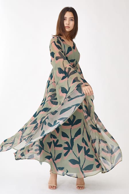 Koai_Green Georgette Floral Print V Neck Kaftan Dress _Online_at_Aza_Fashions
