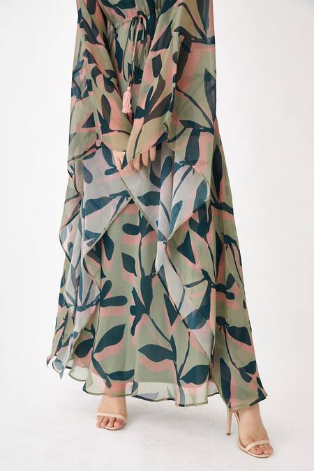 Buy_Koai_Green Georgette Floral Print V Neck Kaftan Dress _Online_at_Aza_Fashions