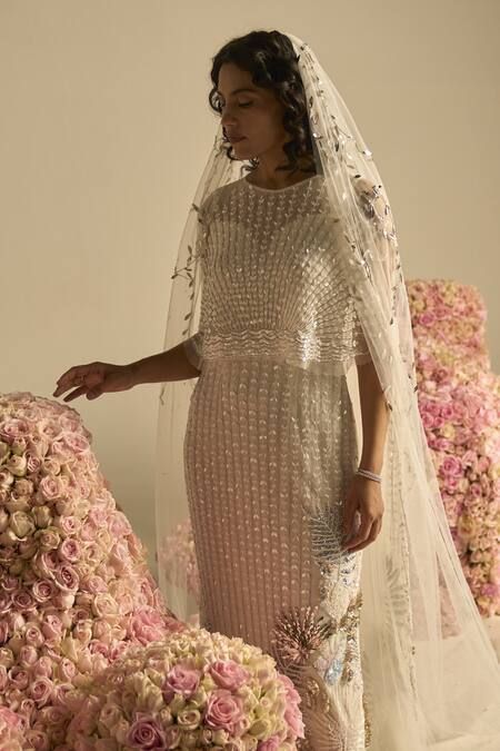 Buy_Not So Serious By Pallavi Mohan_White Tulle And Crepe Embellished Sequin & Beads Orion Gown With Veil _Online_at_Aza_Fashions