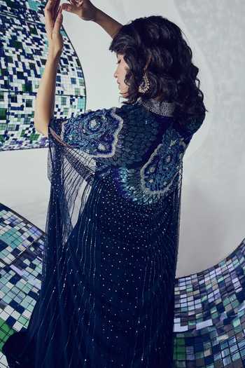 Buy Blue Tulle Embellished Bugle Beads Aiden Cape Style Gown With Inner For  Women by Not So Serious By Pallavi Mohan Online at Aza Fashions.