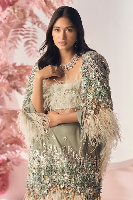 Buy Green Tulle Embellished Rhinestones Straight Missja Feather Bralette  For Women by Not So Serious By Pallavi Mohan Online at Aza Fashions.